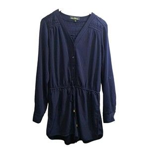 Sam Edelman Women M Blue Long Sleeve Shorts Romper Roll Tab Sleeves Smocked
